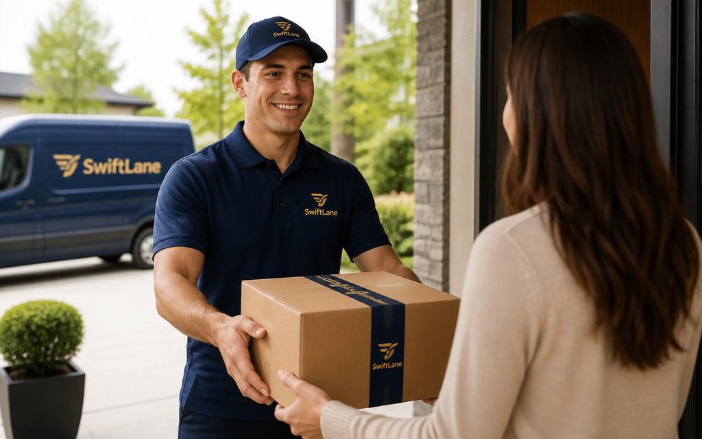 Delivery driver handing a package to a customer at their door
