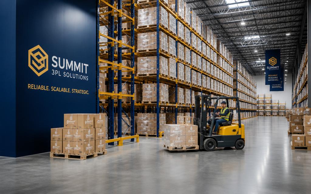 Modern warehouse interior with racks and forklift moving inventory