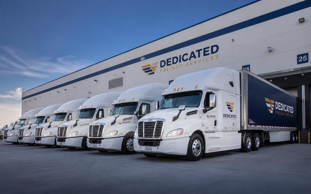 Dedicated fleet of trucks parked at a distribution center