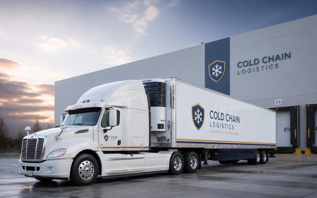 Refrigerated truck parked at a cold-chain logistics facility
