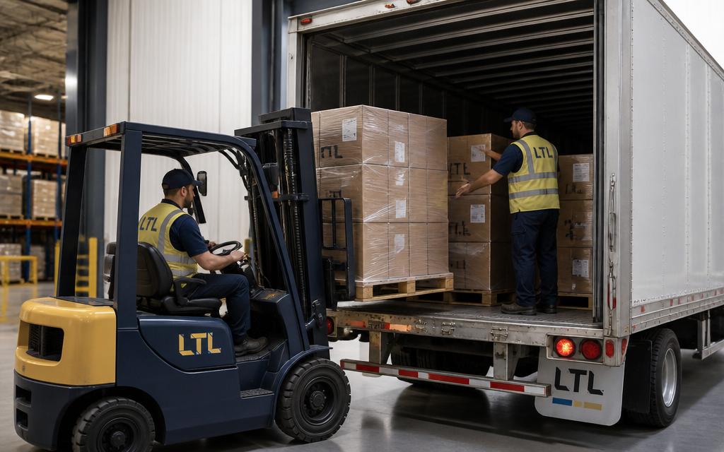 Forklift loading pallets into a box truck for LTL shipping