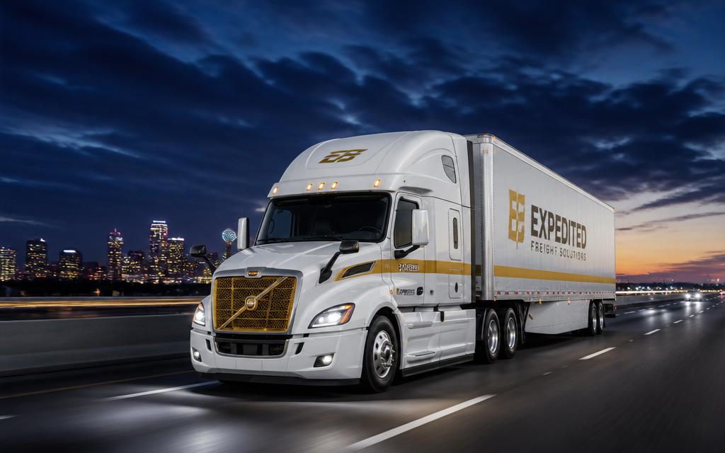 Expedited semi-truck driving at dusk for time-critical freight