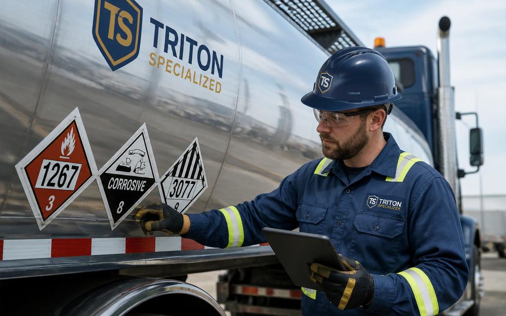 Hazmat-certified driver inspecting placards on a tanker trailer